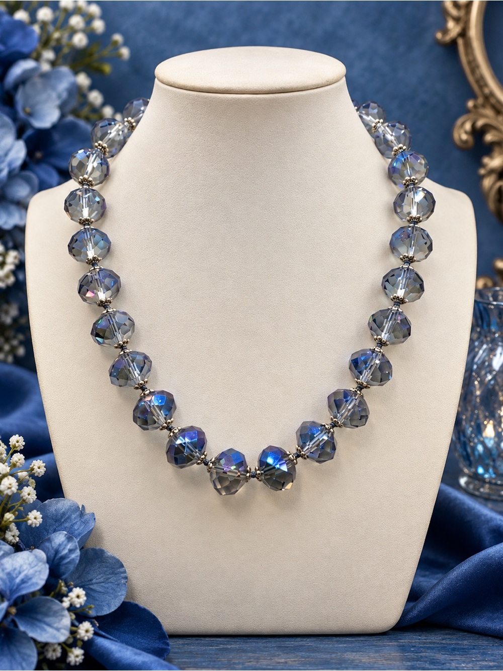 Clear Blue AB Glass 18 inch handknotted Aprilsplace necklace
